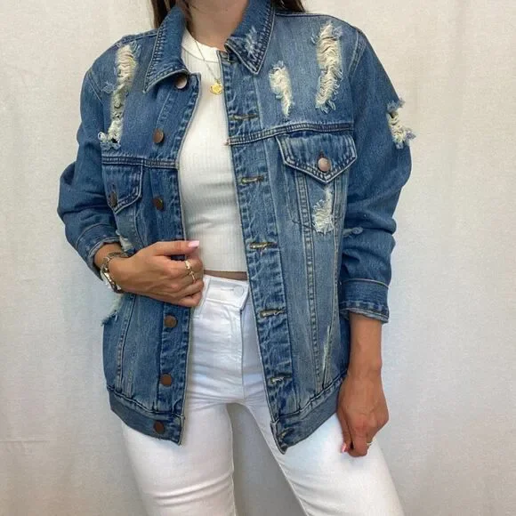 Tobi Oversized Distressed Blue Denim Jean Jacket - Picture 4 of 12